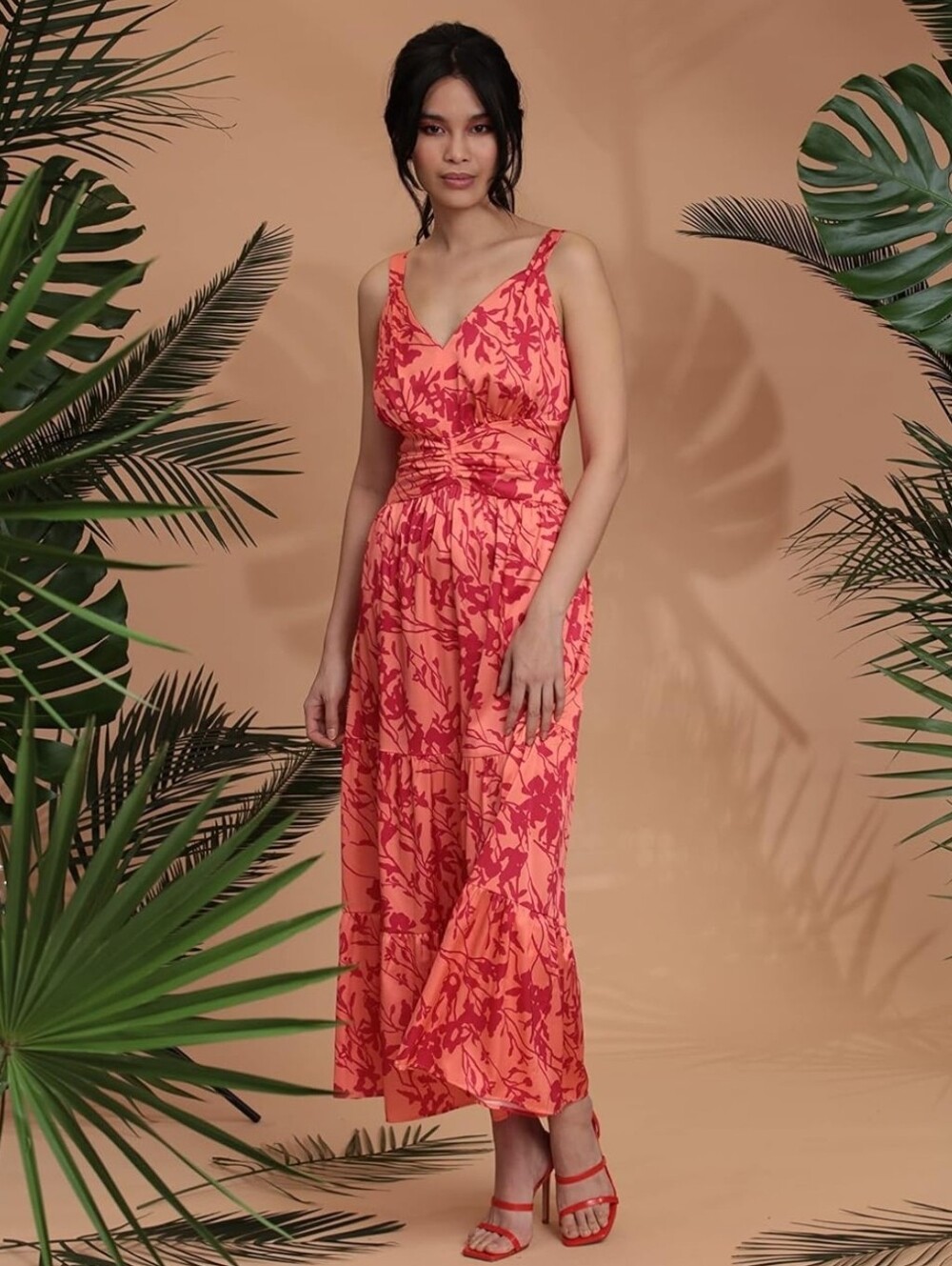 Maggy London Floral V-Neck Coral Pink Maxi Dress Size 0 XS